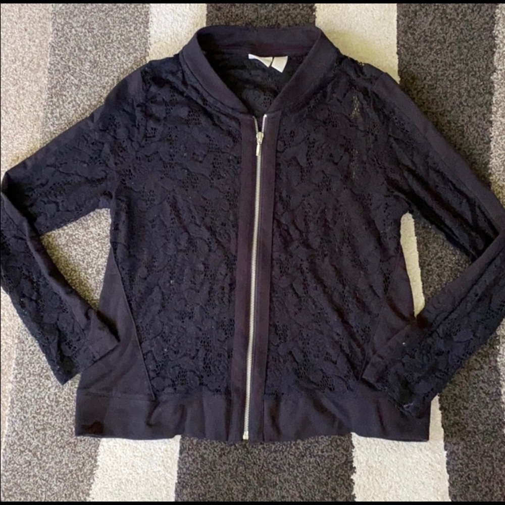 Chicos size 2 Womens Black Lace zip up top Fits like a Size M